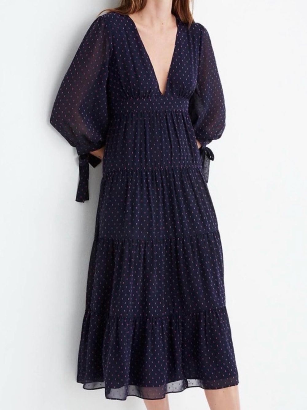 Madewell Navy Tiered V-Neck Midi Dress with Pink Clip Dots - NWOT